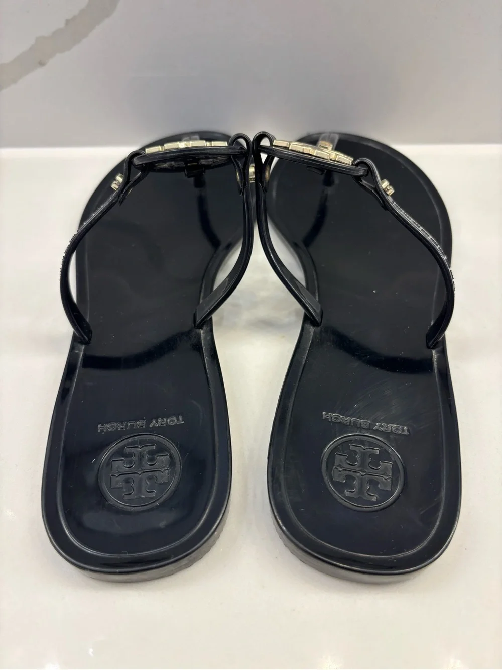 Tory Burch Black Jelly Thong Sandals with Gold Logo